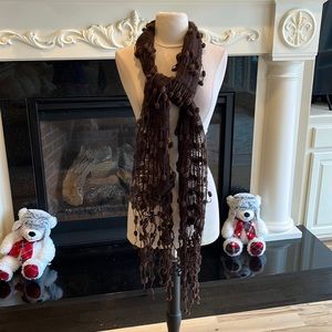 Cozy Brown Pom Pom Crochet Scarf